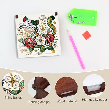 Diamond Painting Kit memo Box, Diamonds Art DIY Cat and Flowers Patterns Sticky Note Box Special Shape Drill, with 160 Sticky Note, Ideal for Home Office Supplies, Handicrafts, Holiday Gifts - color: Cat and flowers