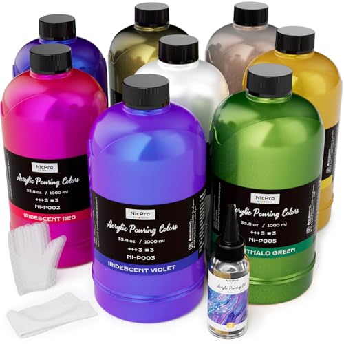 Nicpro 8 Colors 33.8 oz Large Bulk Iridescent Acrylic Pouring Paint Supplies Kit, Premixed High Flow Art Pour Paint with Silicone Pour Oil, Gloves, Tablecloths for Beginner DIY, Ready to Pour - color: Iridescent Color
