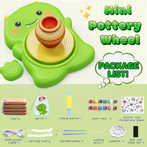 Skirfy Mini Pottery Wheel Kit for Beginners Kids,Electric Ceramic Wheel with Foot Pedal&Painting Kit, Adjustable Speed,Clay Spinner DIY Tools for Art Craft Birthday (Green Dinosaur) - color: green