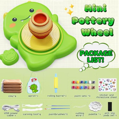 Skirfy Mini Pottery Wheel Kit for Beginners Kids,Electric Ceramic Wheel with Foot Pedal&Painting Kit, Adjustable Speed,Clay Spinner DIY Tools for Art Craft Birthday (Green Dinosaur) - color: green