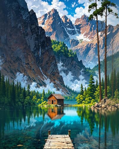 GEEHEIY Paint by Numbers Kit for Adults, Mountain Lake and Cabin DIY Painting on Canvas, Nature Landscape Paint by Number Kit with Acrylic Paint, Forest Wilderness Wall Art Home Decor Gift 16x20 Inch - color: TRTDNF1P309