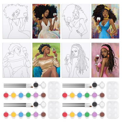 VOCHIC 4 Pack Sip and Paint Kit for Adults,Pre Drawn Canvas for Painting Party Supplies Girls Night Games Couples Paint Art Set Sip Girl 8x10 in - size: 8x10, style: Style 12