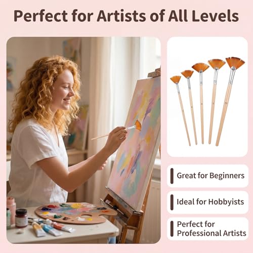5 Pcs Fan Brush for Painting, Artist Fan Paint Brushes Set Anti-Shedding Acrylic Paint Brushes Long Wood Handle Painting Brush for Acrylic Oil Watercolor Gouche