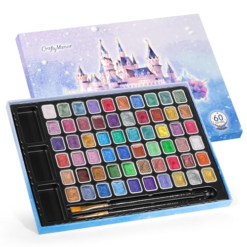 CraftyManor Mini Glitter Watercolor Paint Set with Paper, 60 Colors Shimmer Metallic Watercolour Painting Sets, Solid Pearl Water Color Paints, 1ml Trial Package(1ml 60 Colors) - color: Upgraded 60 Colors-1ML