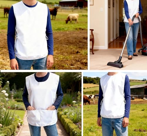 Large Smock Cobbler Apron for Men & Women, Adjustable Side Ties & 2 Pockets - color: White