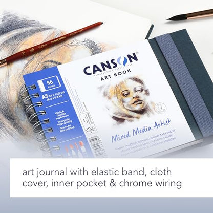Canson Mixed Media Art Book, 8.3x5.8 inches, 56 Sheets, Blue Cloth Hardcover, Side Wire - Professional Artist Notebook for Painting, Sketching, Drawing - size: 8.3x5.8 inches