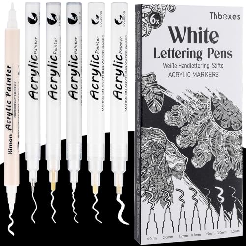 Thboxes White Pens Set, 6 Pcs Acrylic Paint Pens Dual-Tip Marker Fineliner Brush Pen Quick-Drying Waterproof White Ink Pen for Black Paper Drawing Sketching Clothes Wood Glass Ceramic Stone - color: 6 SIZE WHITE