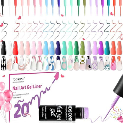 JODSONE Gel Polish Nail Art Gel Liner Set 20 Colors Red Pink Blue Purple with Thin Brush Need U V Lamp Cured Gift for Girls at Home Salon Design - color: LB01-LB20