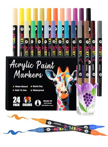 Brled 48 Colors Acrylic Paint Markers with 24 Dual-Color Brush Tips, Double Tips Acrylic Paint Pens for Rocks, Eggs, Wood, Rock, Canvas, Plastic, Glass, Ceramic - color: 24 Pack 48 Colors