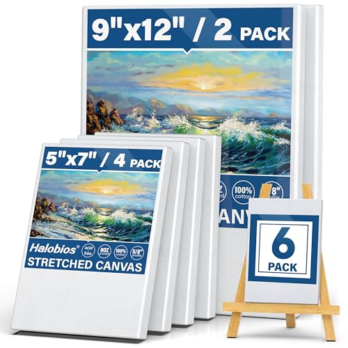 Halobios 6 Packs Stretched Canvases for Painting with 5x7in,9x12in Canvas, Blank Canvases for Acrylics, Oils & Other Painting Media, 5/8 Inch Profile 100% Cotton Artist Framed Canvas - size: 6 Pack Mixed - 9×12IN 5×7IN