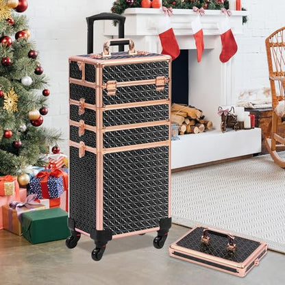 Somduy Rolling Makeup Case, Makeup Train Case with Lid, 5 in 1 Cosmetology Case on Wheels, Christmas Gift, Large Makeup Organizers, Profesional Cosmetic Case for Salon Barber, Black gold - color: Black gold