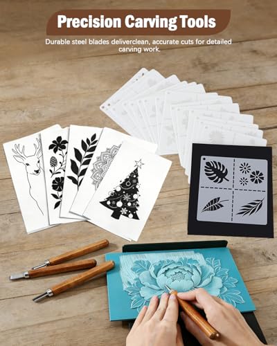 UCEC Linocut Kit for Printmaking - 38 Pcs Stamp Making Kit with 12 Wood Handle Carving Tools, A5 Linoleum Blocks, Brayer Roller & Baren - Complete Block Printing Starter Set for Adults & Beginners - color: Block Printing Kit-38 Pack