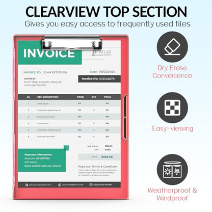 Sooez Clipboard with Storage, Heavy Duty Cleaview Clip Boards 8.5x11 with Dual Storage, Dry Erase Plastic Nursing Clipboard, High Capacity Clipboards Folder for Teacher Nurse, School & Office Supplies - color: Red