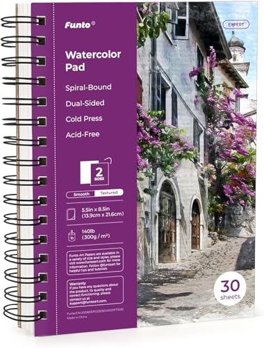 Funto Watercolor Pad 5.5x8.5, 30 Sheets, 140lb/300gsm, Double-Sided Cold Press, Spiral Bound, Heavyweight Paper for Watercolor Painting