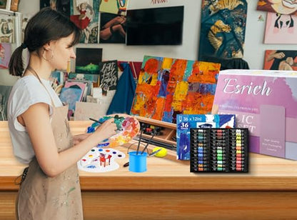 ESRICH Acrylic Paint Set, 74 PCS Professional Paint Supplies with Paint Brushes, Wooden Tabletop Easel, Canvases, Painting Pads, Palette, Paint Knives, Brush Cup and Art Sponge for Hobbyists Beginners - color: 36 Color Acrylic Paints