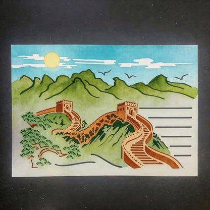 TIAMECH A4 Reusable Chinese Great Wall Landscape Stencil for Painting | Oriental Mountain Layering Template, DIY Wall Art, Wood Furniture, Scrapbook & Crafts (8.3x11.7inch) - style: Chinese Great Wall Landscape