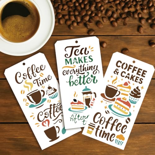12 Sheets Stencils for Painting, 12 Styles Coffee Afternoon Tea Designs Drawing Templates Reusable Art Stencil for Hand Forearm Painting on Wall Wood Home Decor - style: Coffee