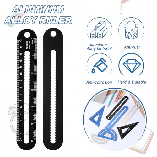 HARFINGTON 8pcs Triangular Ruler Set 15cm/6" Aluminum Alloy Straight Geometric Protractor Triangle Engineering Scale Drafting Ruler Kit Measuring Drawing Tool for Classroom Office, Blue/Black - color: Blue/Black