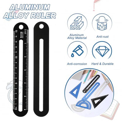 HARFINGTON 8pcs Triangular Ruler Set 15cm/6" Aluminum Alloy Straight Geometric Protractor Triangle Engineering Scale Drafting Ruler Kit Measuring Drawing Tool for Classroom Office, Blue/Black - color: Blue/Black