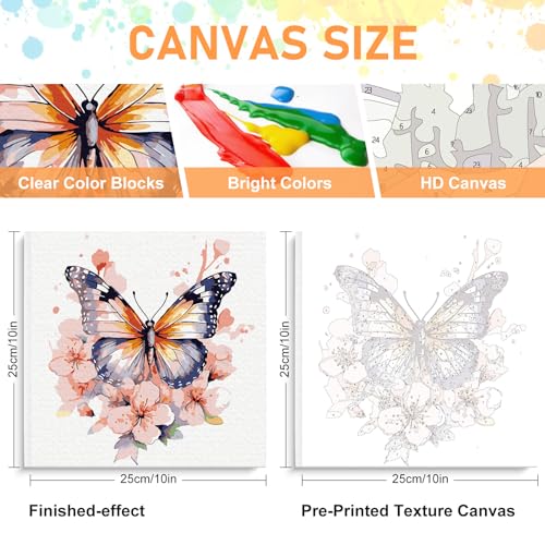 Framed Paint by Numbers Kit for Adults Beginners & Kids Ages 8-12, Butterfly Flowers Acrylic Easy Paint by Number with Frame, Paint by Number Kits on Canvas Framed (10 * 10 Inch, without Easel) - color: BOP1PF05, size: 10 x 10 Inch