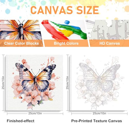 Framed Paint by Numbers Kit for Adults Beginners & Kids Ages 8-12, Butterfly Flowers Acrylic Easy Paint by Number with Frame, Paint by Number Kits on Canvas Framed (10 * 10 Inch, without Easel) - color: BOP1PF05, size: 10 x 10 Inch