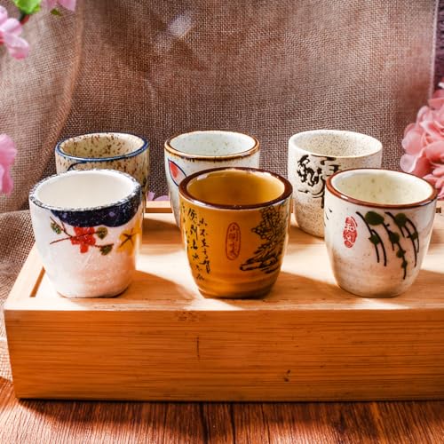 Japanese Style Ceramic Sake Cups Set of 6, Hand-Painted Ceramic Sake Glasses for Saki, Tea, Dessert, Microwave & Dishwasher Safe Small Drinking Cups for Home Kitchen Bar Tableware