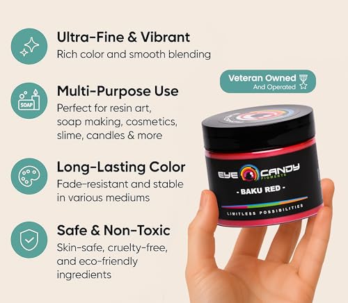 Eye Candy Pigments Premium Red Mica Powder - Baku Red (50gr) - for Epoxy, Resin, Soap, Paint, Woodworking, Acrylic Pouring, Bath Bombs, Fishing Lures - DIY Arts and Crafts Additive - color: Baku Red