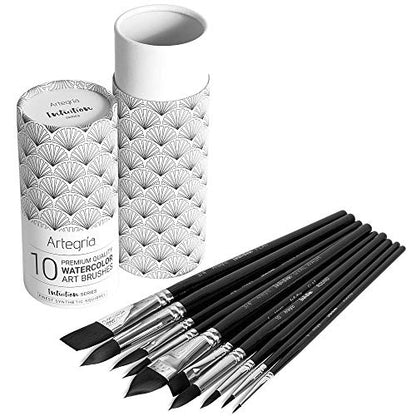 ARTEGRIA Watercolor Brush Set, 10 Professional Soft Synthetic Squirrel Paint Brushes, Including Pointed Rounds, Flats, Dagger, Oval Wash - color: Black - 10pcs