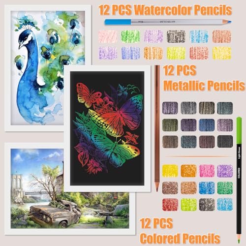 Drawdart Art Supplies Drawing Pencils Set - 76 Pack Pro Sketching Kit with Sketchbook & Watercolor Pad, Includes Graphite, Charcoal, Watercolor & Metallic Pencils for Kids, Teens, Adults