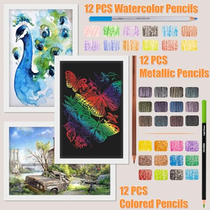 Drawdart Art Supplies Drawing Pencils Set - 76 Pack Pro Sketching Kit with Sketchbook & Watercolor Pad, Includes Graphite, Charcoal, Watercolor & Metallic Pencils for Kids, Teens, Adults