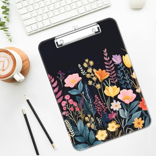 Plastic Cute Clipboard Low-Profile Metal Clip, A4 Letter Size 9 x 12.5 in, 8.5 x 11 Paper Clip Board for Teachers, Nurses, Classroom,Black Flower - color: Black Flower