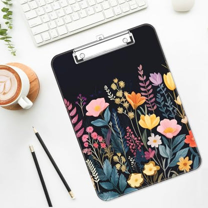 Plastic Cute Clipboard Low-Profile Metal Clip, A4 Letter Size 9 x 12.5 in, 8.5 x 11 Paper Clip Board for Teachers, Nurses, Classroom,Black Flower - color: Black Flower