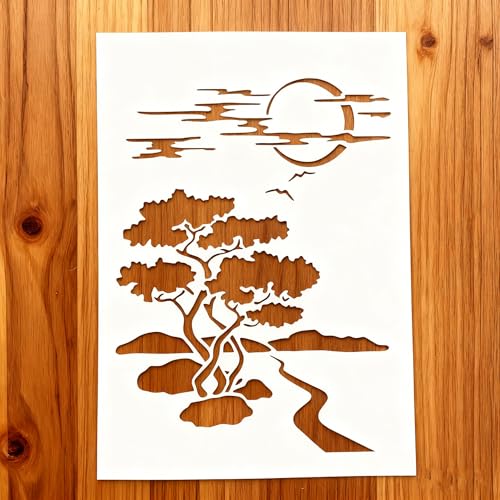 TIAMECH A4 Reusable Night Scene Stencil for Painting | Moon Road Tree Mountain Layering Template, DIY Wall Art, Wood Furniture, Scrapbook & Crafts (8.3x11.7inch) - style: Moon Road
