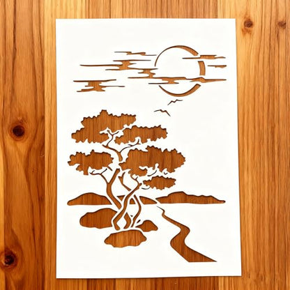 TIAMECH A4 Reusable Night Scene Stencil for Painting | Moon Road Tree Mountain Layering Template, DIY Wall Art, Wood Furniture, Scrapbook & Crafts (8.3x11.7inch) - style: Moon Road