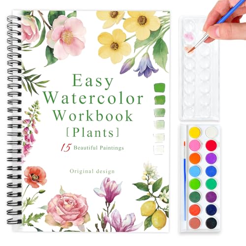 SLWBZ Watercolor Workbook Flower Plants, 15 Different Patterns of Original DIY Designs, 16 Color Watercolor Paint Plates with Palette and Brush, Beginner-Friendly Watercolor Workbooks, Plants - color: Plants, size: with palette