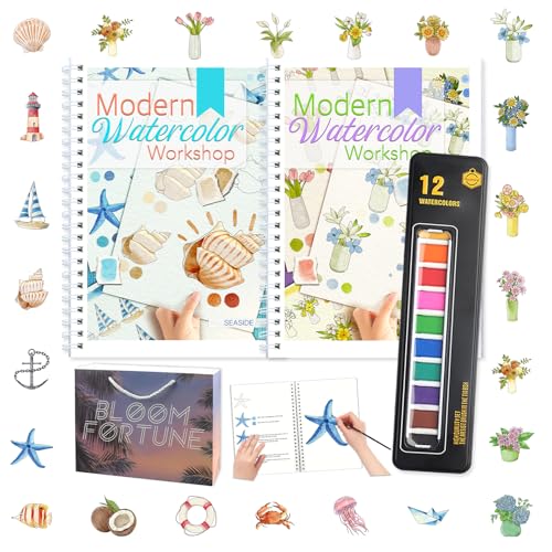 apolyone 2-Pack Beginner Watercolor Workbooks: 24 Coloring Pages + 12 Watercolor Paints + Brush – 300gsm/140lb Paper – Gift for Women, Adults & Beginners (Bouquet & Seaside) - style: Bouquet & Seaside