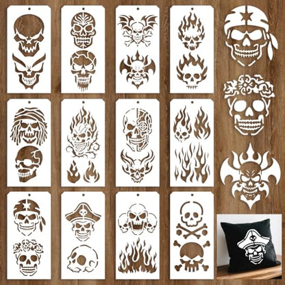 12 Sheets Skeleton Flame Painting Stencils, 24 Styles Halloween Skull Drawing Templates Reusable Border Stencil for Painting on Wall Wood Home Decor - style: Skeleton Flame