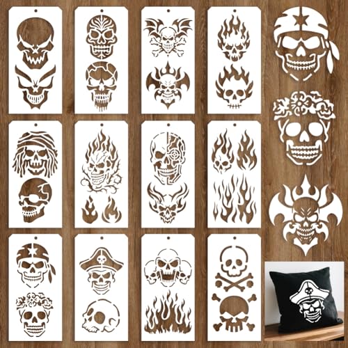 12 Sheets Skeleton Flame Painting Stencils, 24 Styles Halloween Skull Drawing Templates Reusable Border Stencil for Painting on Wall Wood Home Decor - style: Skeleton Flame