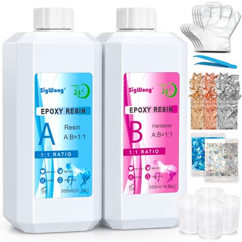 SigWong Epoxy Resin 40OZ - Crystal Clear Coating Kit, Easy Mix 1:1 Ratio, Bubble Free & Anti-Yellowing, Self Leveling, 2 Part Casting Epoxy Resin for Art Crafts, Jewelry Making, River Tables - size: 40OZ