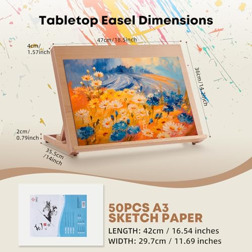 A3 Wooden Tabletop Easel for Painting, 18.5" x 14.2" | Adjustable 4-Position Table Top Easel for Painting, Desktop Artist Painting Easel with A3 Sketch Paper for Adults, Students - size: A3(18.5"x14.2")
