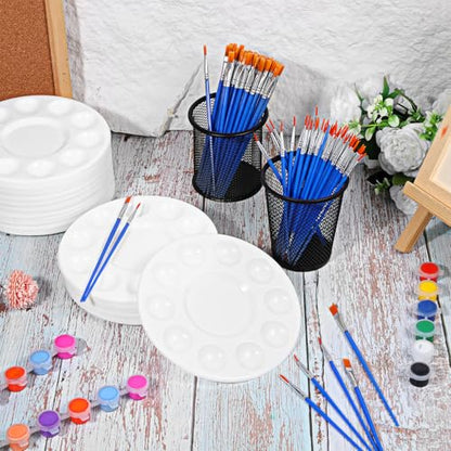 150 Pcs Painting Brushes Palettes Set, Including 50 Painting Palettes with 10 Wells, 100 Small Paint Brushes (Flat/Round), Nylon Brush Head, Paint Supplies for Acrylic Oil Watercolor Canvas Art DIY