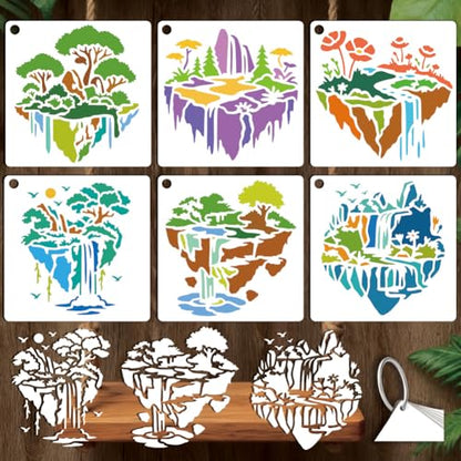 12 Sheets Small Island Stencils for Painting, 12 Styles Palm Tree Flowing Water Flower Wall Stencil Template Reusable Art Templates for Painting on Wall Wood Home Decor - style: Island