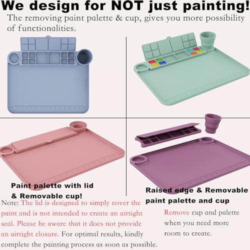 Svartur Silicone Painting Mat with Cup and Palette Detachable, 17"X13" Thick Silicone Craft Mat with Raised Edge for Artist, Painting Station Creator Mat, Green - color: Green