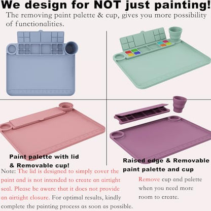 Svartur Silicone Painting Mat with Cup and Palette Detachable, 17"X13" Thick Silicone Craft Mat with Raised Edge for Artist, Painting Station Creator Mat, Green - color: Green