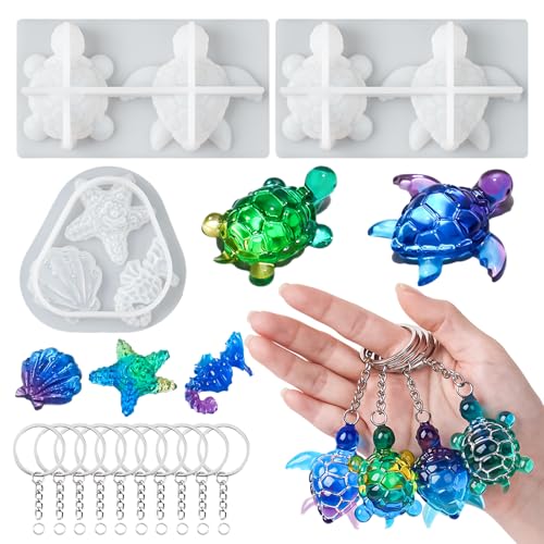 Mini Turtle Resin Molds, 7 Cavities Ocean Animal Silicone Mold, Shell Starfish Gypsum Candle Resin Casting Molds, Cute Sea Turtle Shape Epoxy Mold for DIY Craft, Keychain, Micro Landscape Decor