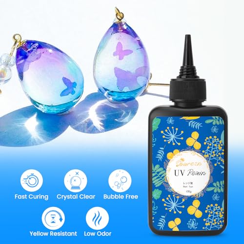 Bsrezn 200g UV Resin Kit with Large Light 32 Beads, Crystal Clear Solar Activated UV Epoxy Resin for Jewelry Making (100g x 2) - size: large light kit