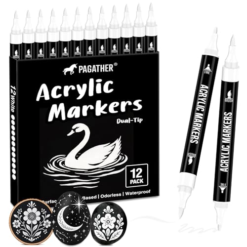 Pagather White Acrylic Paint Markers, 12 Pack Dual Tip with Fine Tip and Brush Tip Pens for Stone, Wood, Calligraphy, Canvas, Ceramic, Metal, Glass, Rock Painting, DIY Crafts - color: 12 White