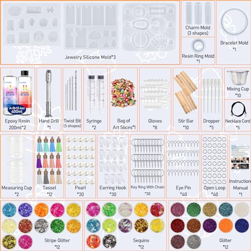 IGaiety Resin Kits for Jewelry Making Silicone Molds Starter Kit 278 Pcs Bundle with Epoxy Resin Silicone Mold Art for DIY Jewelry Earring Keychain Necklace Rings Making Adults Beginners - size: X-Jewelry Mold