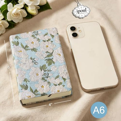 Pocket Notebook, A6, 4x6, Small Embroidered Journal, Cute Notebook, Lay Flat, Hardcover, Lined Notebook & Sketchbook, Personal Writing Journal for Women, Blue Journal, White Gardenia Flower - color: A6-Cute Gardenia
