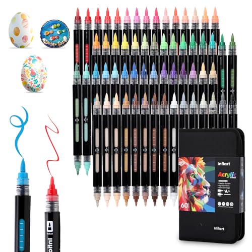 60 Colors Dual Tip Acrylic Paint Markers Automatic Ink Control Acrylic Paint Pens, Fine & Brush Tip Acrylic Markers Set for Christmas Decorations, Glass, Stone, Wood, DIY & Art Supplies - color: 60 Colors